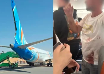 Pasajero con la camisa ensangrentada a bordo de un vuelo de flydubai entre Dubái y Tel Aviv durante una emergencia en pleno vuelo, 30 de septiembre de 2026.