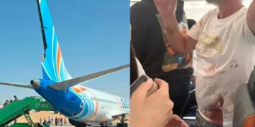 Pasajero con la camisa ensangrentada a bordo de un vuelo de flydubai entre Dubái y Tel Aviv durante una emergencia en pleno vuelo, 30 de septiembre de 2026.