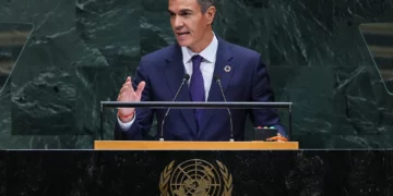 El presidente del Gobierno español, Pedro Sánchez Pérez-Castejón, interviene ante la 81.ª sesión de la Asamblea General de la ONU el 23 de septiembre de 2026.