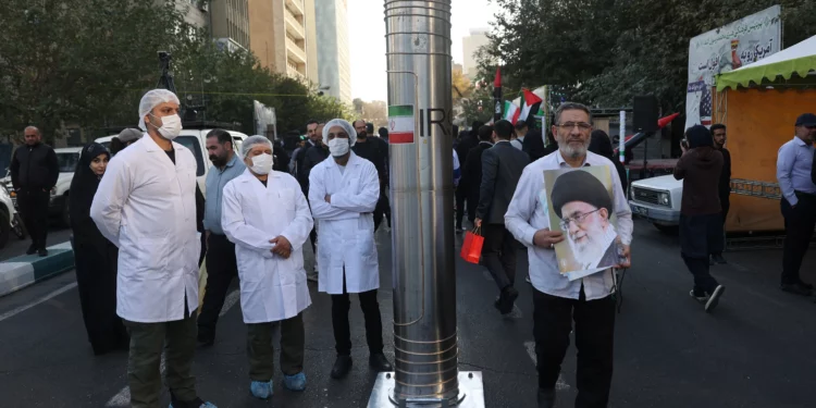 A model of a centrifuge is displayed during the 46th anniversary of the U.S. expulsion from Iran, in Tehran, November 4, 2025