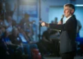 Yair Golan, chairman of the Democrats party, attends an election campaign event in Kiryat Bialik, northern Israel, ahead of the upcoming Israeli general elections, August 19, 2026. (Sharon Leibel/Flash90)