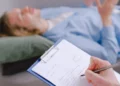 Un terapeuta conversa con un paciente.