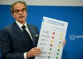 El director general del OIEA, Rafael Grossi, habla con la prensa durante una reunión de la Junta de Gobernadores en Viena, 5 de junio de 2026.