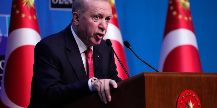 Turkish President Recep Tayyip Erdogan speaks during a media conference at the NATO summit in Ankara, Turkey, July 8, 2026. (AP/Hussein Malla)