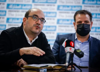 MK Sami Abou Shehadeh speaks during a Joint List faction meeting at the Knesset, the Israeli parliament in Jerusalem, January 24, 2022. (Olivier Fitoussi/Flash90)