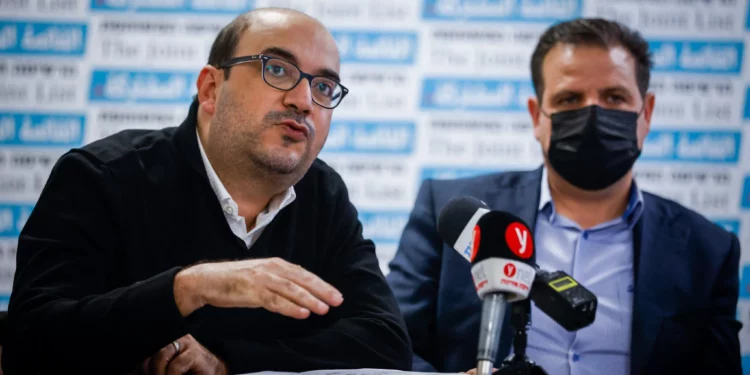 MK Sami Abou Shehadeh speaks during a Joint List faction meeting at the Knesset, the Israeli parliament in Jerusalem, January 24, 2022. (Olivier Fitoussi/Flash90)