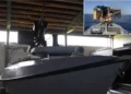 Ukraine’s Sargan 3000 armed unmanned surface vessel, fitted with a 12.7 mm Protector remote weapon station, with inset footage showing the reported September 12, 2026 attack on a Russian unmanned boat in the Black Sea. (Picture source: Ukrainian Navy)