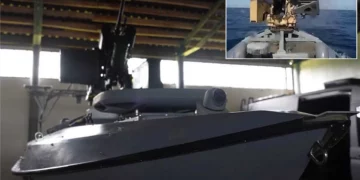 Ukraine’s Sargan 3000 armed unmanned surface vessel, fitted with a 12.7 mm Protector remote weapon station, with inset footage showing the reported September 12, 2026 attack on a Russian unmanned boat in the Black Sea. (Picture source: Ukrainian Navy)