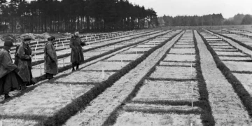 Soldados estadounidenses del 9.º Ejército observan las tumbas del Stalag 326-6k en Alemania el 17 de abril de 1945, donde están enterrados 30.000 prisioneros de guerra rusos.