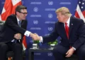 Britain’s Prime Minister Andy Burnham, left, meets with US President Donald Trump on the sidelines of the 81st United Nations General Assembly, in New York City, September 22, 2026. (Toby Melville/Pool Photo via AP)