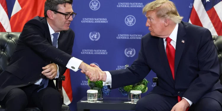 Britain’s Prime Minister Andy Burnham, left, meets with US President Donald Trump on the sidelines of the 81st United Nations General Assembly, in New York City, September 22, 2026. (Toby Melville/Pool Photo via AP)