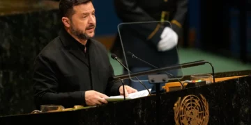 Ukraine’s President Volodymyr Zelenskyy speaks during the 81st session of the United Nations General Assembly at United Nations headquarters, September 23, 2026. (AP Photo/Seth Wenig)