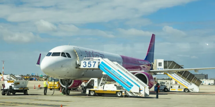 A Wizz Air passenger aircraft seen at Ben Gurion International Airport near Tel Aviv on February 25, 2026. (Chaim Goldberg/Flash90)