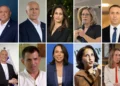The first 10 candidates on the slate of the centrist Yashar party. Top row (left to right): Gadi Eisenkot; Yoram Cohen, Orit Farkash-Hacohen, Adi Altschuler, Matan Kahana. Second row: Chili Tropper, Shaul Meridor, Tair Ifergan, Oshrat Gani Gonen, Shira Shapira. (Yahav Trodler/Yashar, Courtesy/Yashar, Yonatan Sindel/Flash90, Bernard Dichek, Yitzhak Kelman, Flash90, Channel 12 screen capture, screenshot/X)