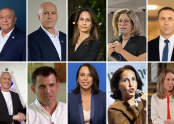 The first 10 candidates on the slate of the centrist Yashar party. Top row (left to right): Gadi Eisenkot; Yoram Cohen, Orit Farkash-Hacohen, Adi Altschuler, Matan Kahana. Second row: Chili Tropper, Shaul Meridor, Tair Ifergan, Oshrat Gani Gonen, Shira Shapira. (Yahav Trodler/Yashar, Courtesy/Yashar, Yonatan Sindel/Flash90, Bernard Dichek, Yitzhak Kelman, Flash90, Channel 12 screen capture, screenshot/X)