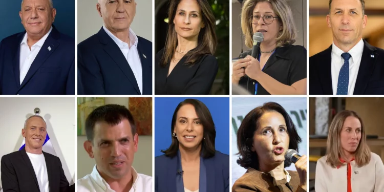 The first 10 candidates on the slate of the centrist Yashar party. Top row (left to right): Gadi Eisenkot; Yoram Cohen, Orit Farkash-Hacohen, Adi Altschuler, Matan Kahana. Second row: Chili Tropper, Shaul Meridor, Tair Ifergan, Oshrat Gani Gonen, Shira Shapira. (Yahav Trodler/Yashar, Courtesy/Yashar, Yonatan Sindel/Flash90, Bernard Dichek, Yitzhak Kelman, Flash90, Channel 12 screen capture, screenshot/X)
