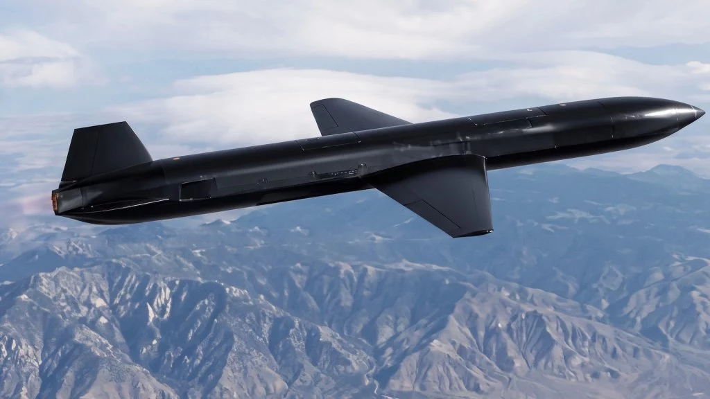 Representación del dron Specter de AEVEX durante el vuelo, una aeronave de reacción concebida para misiones de alto riesgo.