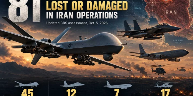 Ilustración de las aeronaves estadounidenses perdidas o dañadas en la guerra con Irán, incluidos drones MQ-9 y aviones F-15E y KC-135.