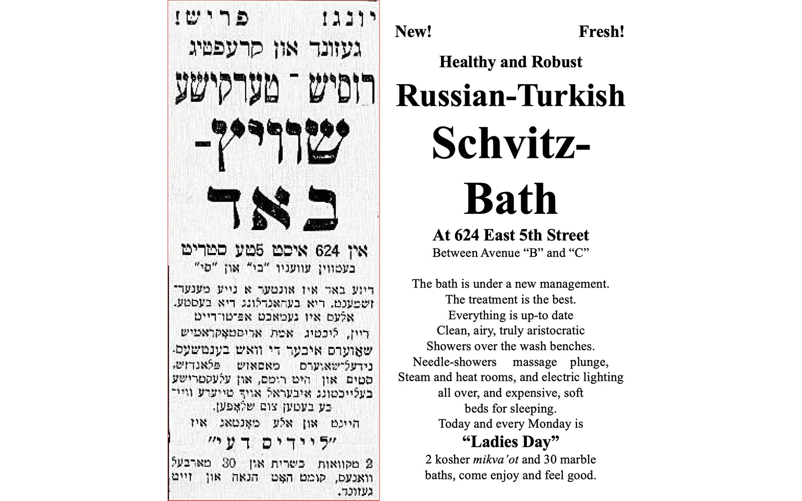 Anuncio en yidis de un mikveh en el número 624 de East 5th Street, con traducción al inglés.