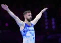 Artem Dolgopyat, de Israel, reacciona tras competir en la final de suelo del Mundial de Gimnasia Artística en Róterdam el 24 de octubre de 2026