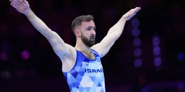 Artem Dolgopyat, de Israel, reacciona tras competir en la final de suelo del Mundial de Gimnasia Artística en Róterdam el 24 de octubre de 2026