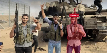 El terrorista de Hamás Abd al-Rahman Maher Abd al-Karim Ziyada ante un tanque de las FDI el 7 de octubre de 2023, en una imagen publicada por el ejército el 28 de junio de 2026, que indicó que fue eliminado.