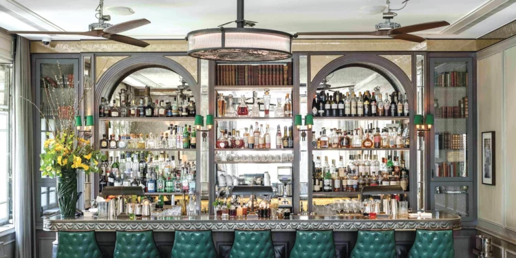 Bar biblioteca del hotel The Norman, fotografiado por Noam Preisman