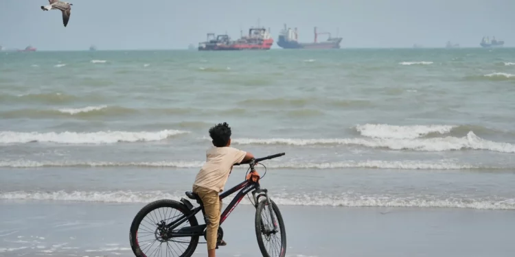 Un niño con una bicicleta observa buques mercantes fondeados en el estrecho de Ormuz mientras una gaviota vuela sobre la playa.