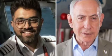 Captain Smit Machchhar (left) and Prime Minister Benjamin Netanyahu. (Danny Danon via X, Screenshot/Ma’ayan Toaf/GPO)
