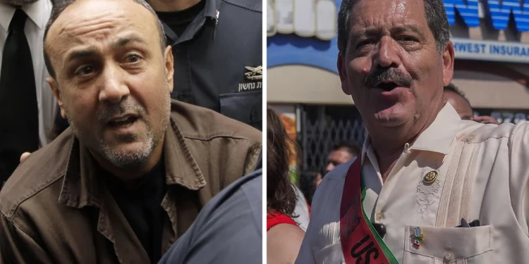 A la izquierda, el congresista estadounidense Jesús «Chuy» García en un desfile en Chicago; a la derecha, Marwan Barghouti escoltado por guardias penitenciarios israelíes en Jerusalén.