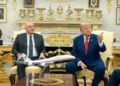 US President Donald Trump, right, meets with Lebanese President Joseph Aoun in the Oval Office of the White House in Washington on July 21, 2026. (AP Photo/Mark Schiefelbein)