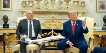 US President Donald Trump, right, meets with Lebanese President Joseph Aoun in the Oval Office of the White House in Washington on July 21, 2026. (AP Photo/Mark Schiefelbein)