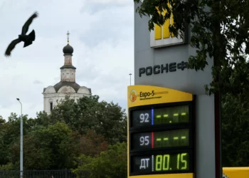 Un ave vuela cerca de un cartel de precios en una gasolinera de Rosneft en Moscú, el 14 de agosto de 2026, durante una escasez de combustible tras ataques ucranianos a refinerías rusas.