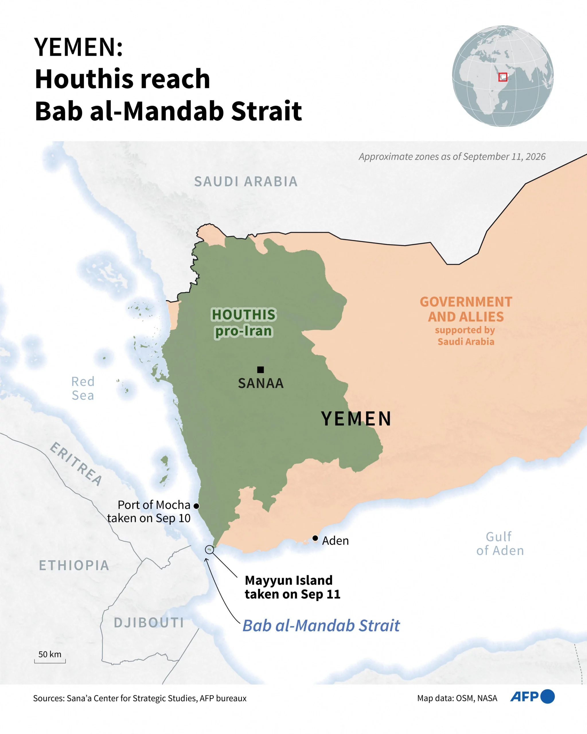 Zonas de control territorial en Yemen en septiembre de 2026 Mapa de las zonas de Yemen bajo control de las fuerzas gubernamentales y de los hutíes