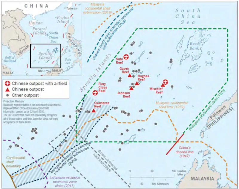 Mapa de instalaciones militares de China y otros países en las islas Spratly, mar de China Meridional