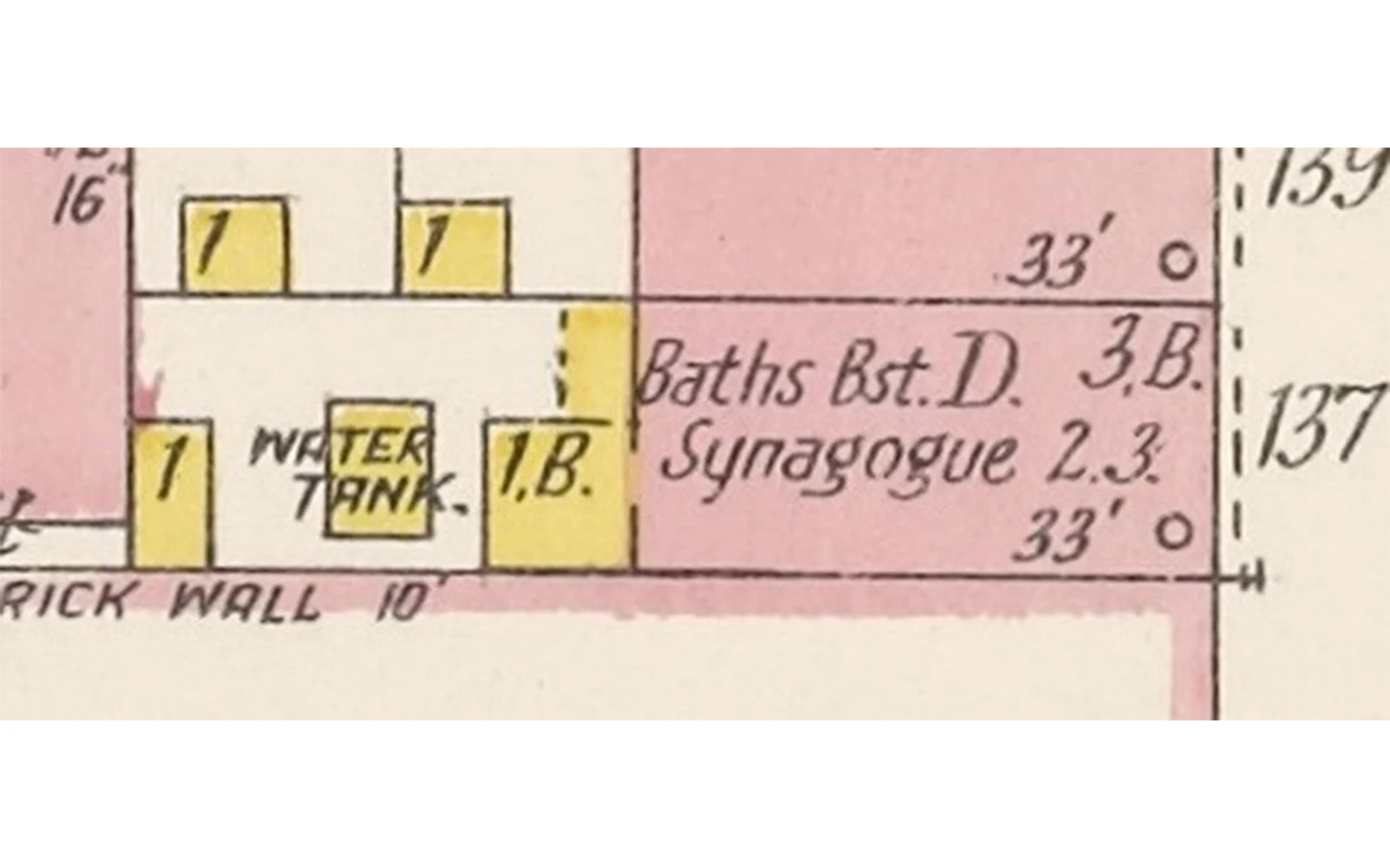 Mapa de seguros de 1903 que señala un mikveh en el 137 de Attorney Street.