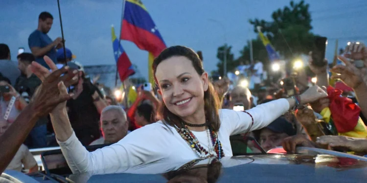 La dirigente opositora venezolana y premio Nobel de la Paz María Corina Machado saluda a sus seguidores en Valencia, Venezuela, tras regresar de varios meses de exilio el 25 de octubre de 2026. (AP/Jacinto Oliveros)