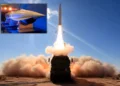 Representación del misil PrSM Increment 4 de Lockheed Martin junto a un lanzador HIMARS del Ejército estadounidense.