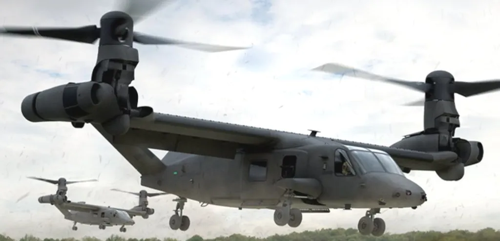 Representación de dos aeronaves de rotores basculantes MV-75A.