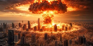 Imagen de inteligencia artificial de una explosión nuclear en Tel Aviv, publicada por Benjamín Netanyahu el 25 de octubre de 2026.