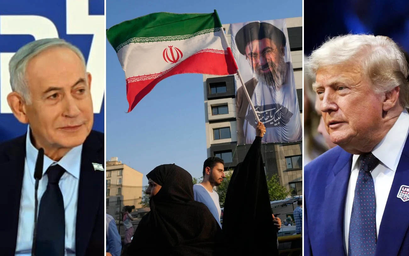 Composición fotográfica de Benjamin Netanyahu, una mujer con una bandera iraní ante un retrato de Mojtaba Jamenei y Donald Trump.