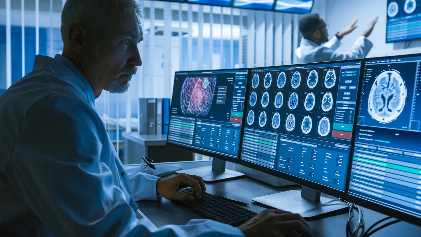Imagen ilustrativa de un neurólogo que examina escáneres cerebrales
