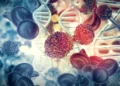 Ilustración de células cancerosas sobre un fondo de ADN