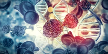 Ilustración de células cancerosas sobre un fondo de ADN