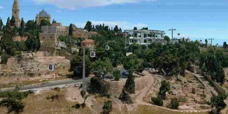 Representación arquitectónica de la estación del teleférico prevista en el monte Sion, con la iglesia de la Dormición a la izquierda.