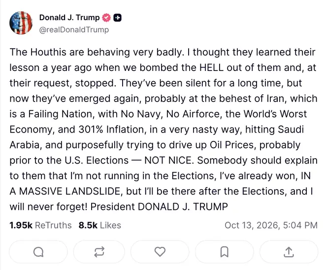 Publicación de Donald Trump en Truth Social sobre los hutíes y los bombardeos estadounidenses.