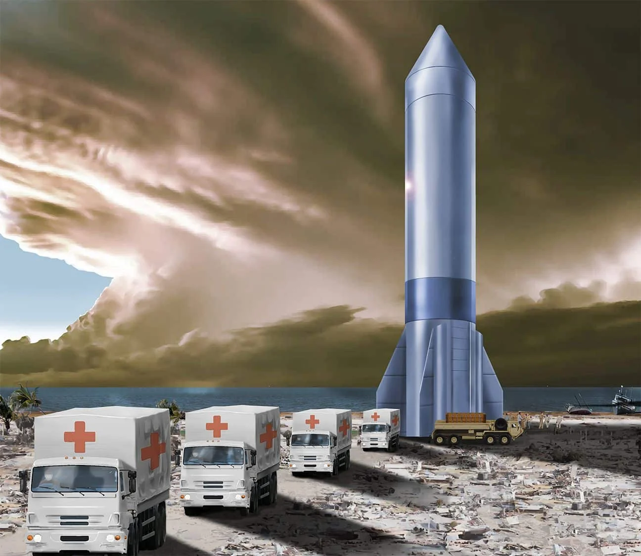 Misión Rocket Cargo de entrega de suministros médicos Ilustración de la descarga de suministros médicos desde un cohete reutilizable