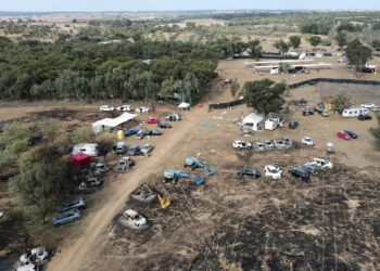Vista aérea del recinto abandonado del festival Supernova cerca del kibutz Re'im, el 10 de octubre de 2023.
