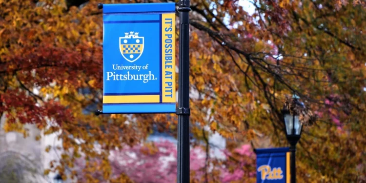Banderolas en el campus de la Universidad de Pittsburgh entre árboles otoñales, el 10 de noviembre de 2025.