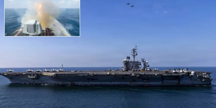 Portaaviones USS Abraham Lincoln y destructor USS Spruance durante el lanzamiento de un misil Tomahawk en la operación Epic Fury.